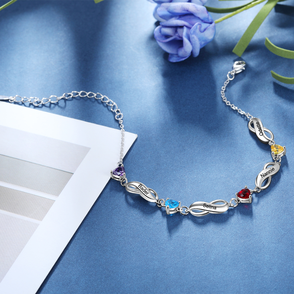 Bracelet infini à Breloque coeurs 4 Prénom Personnalisé avec 4 Pierre de Naissance