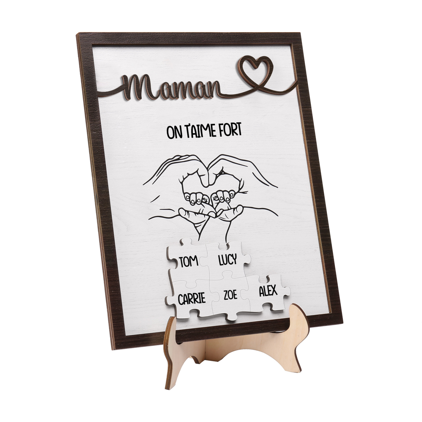 À Maman - Décoration en bois Mains et Puzzles 5 Prénoms et 1 Texte Personnalisés Ornement Famille