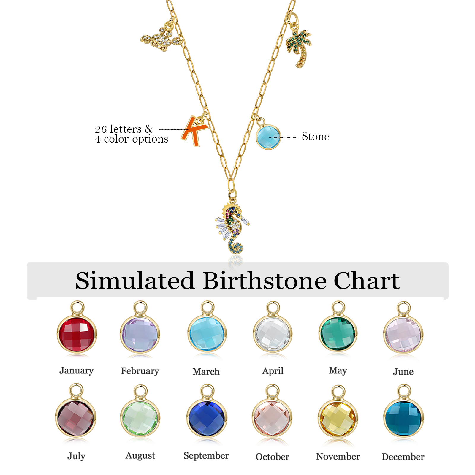 Collier Enfants Bébé Collier Hippocampe 1 Pierre de Naissance et 1 Lettre pour Fille Filleule