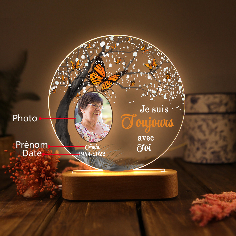 Lampe de chevet LED Commémorative 1 Prénom et Photo Personnalisés avec Date