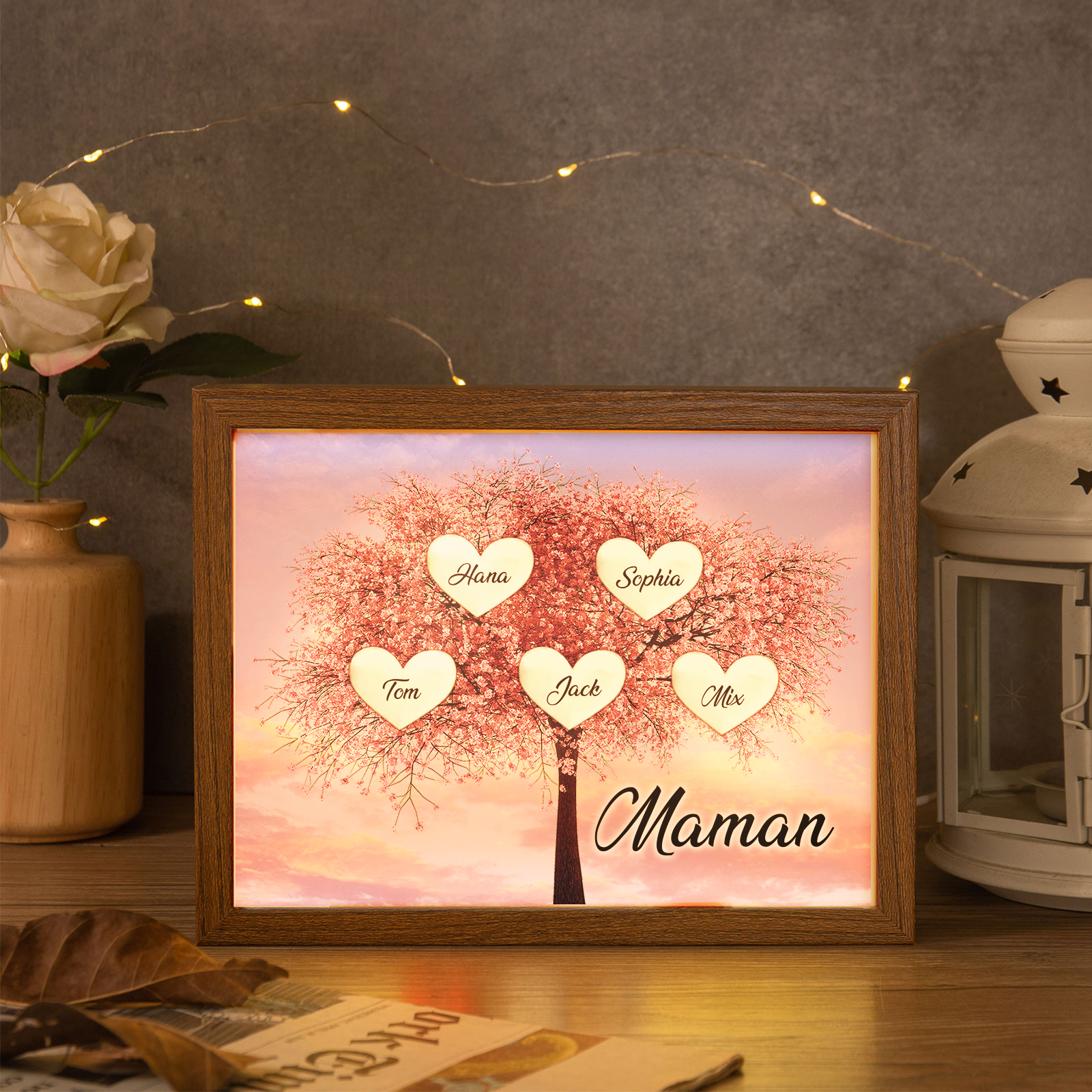 Cadre Photo LED Arbre de Vie 5 Prénoms et 1 Texte Personnalisé Décoration Famille