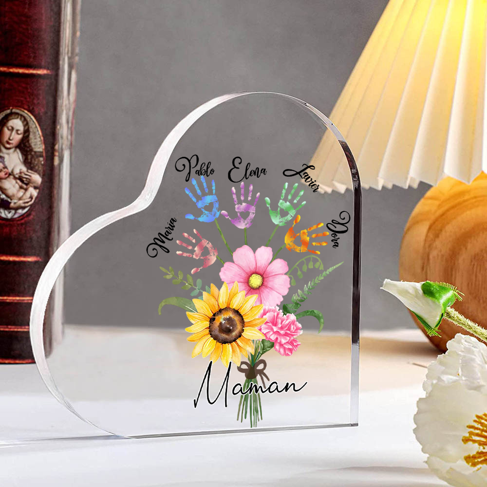 À ma Maman - Plaque Acrylique en Forme de Cœur fleurs 5 Prénoms Personnalisés