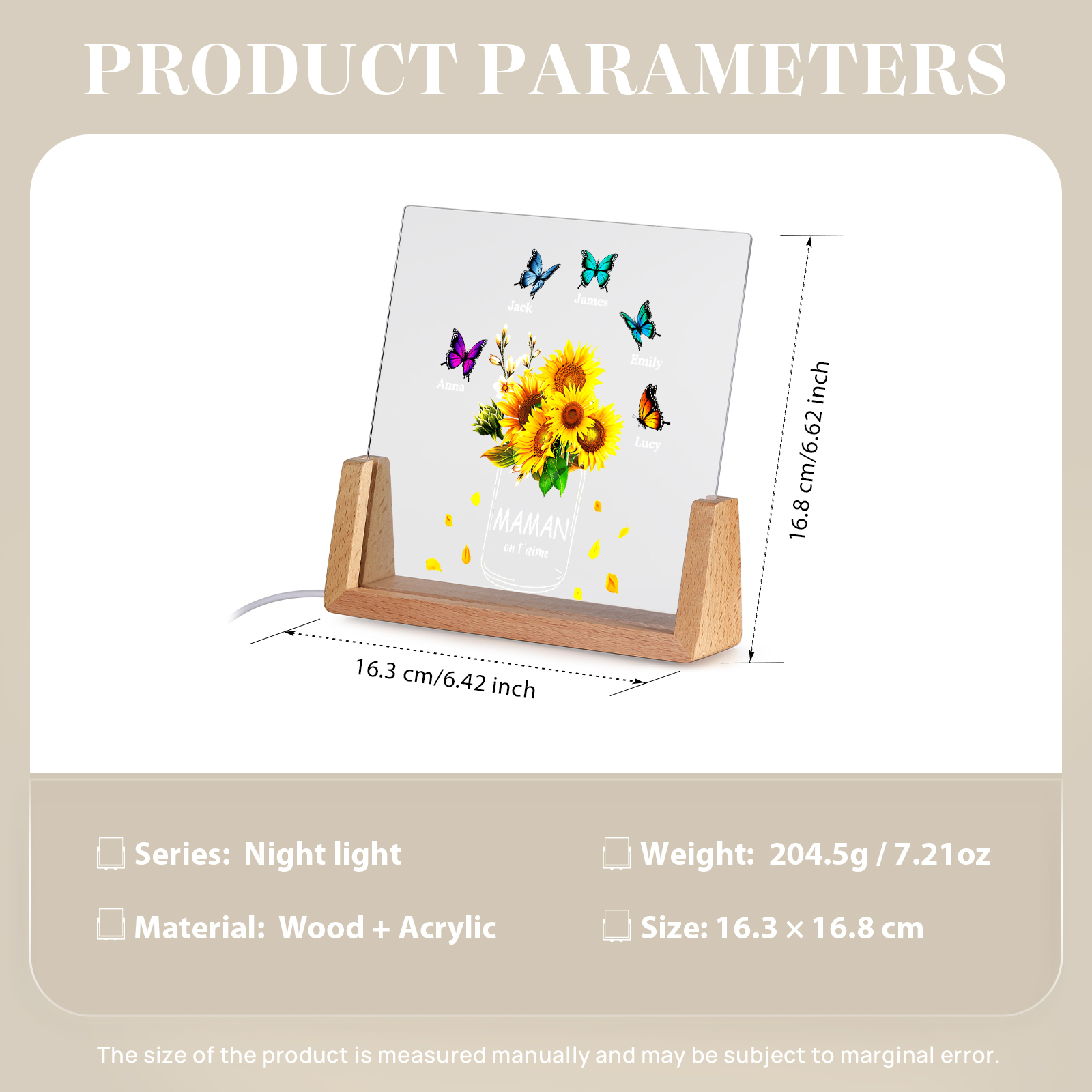 À Maman/Mamie - Lampe de chevet LED Tournesol 5 Prénoms Personnalisés avec 2 Textes pour Famille