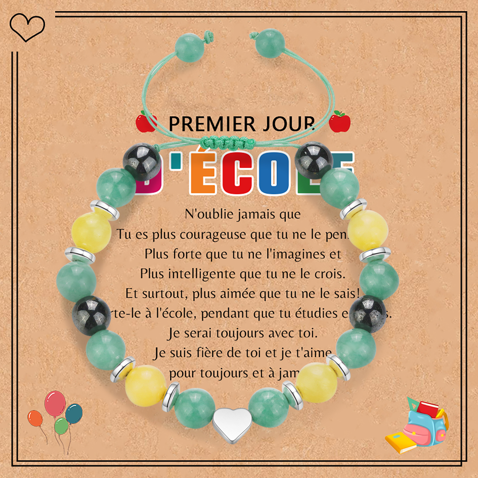 Jessemade FR À Ma Fille - Bracelets de Perles de Pierre Cœur - Cadeau Rentrée Scolaire avec Carte Premier jour d’école