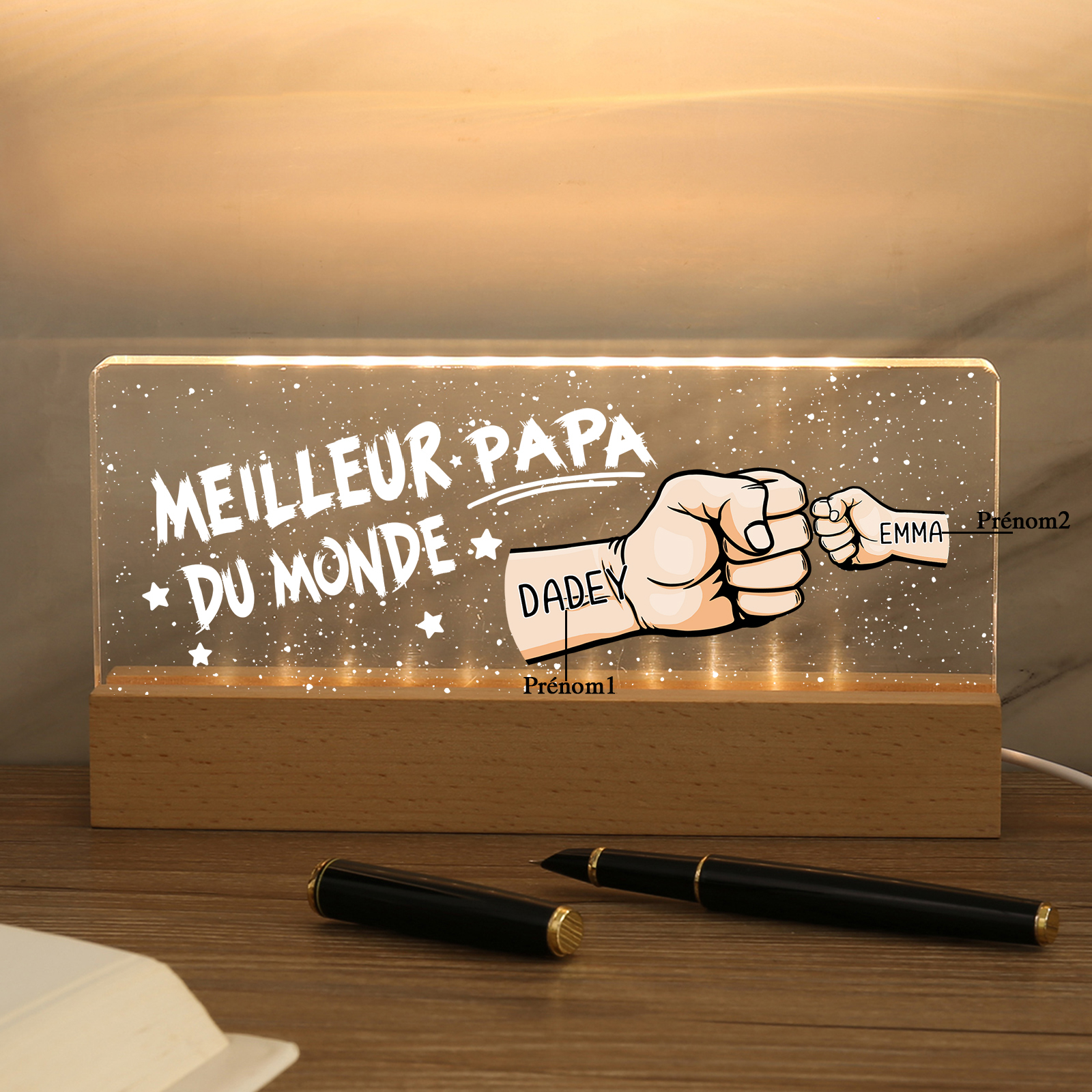 À mon Papa- Lampe de chevet LED Poings 2 Prénoms Personnalisés