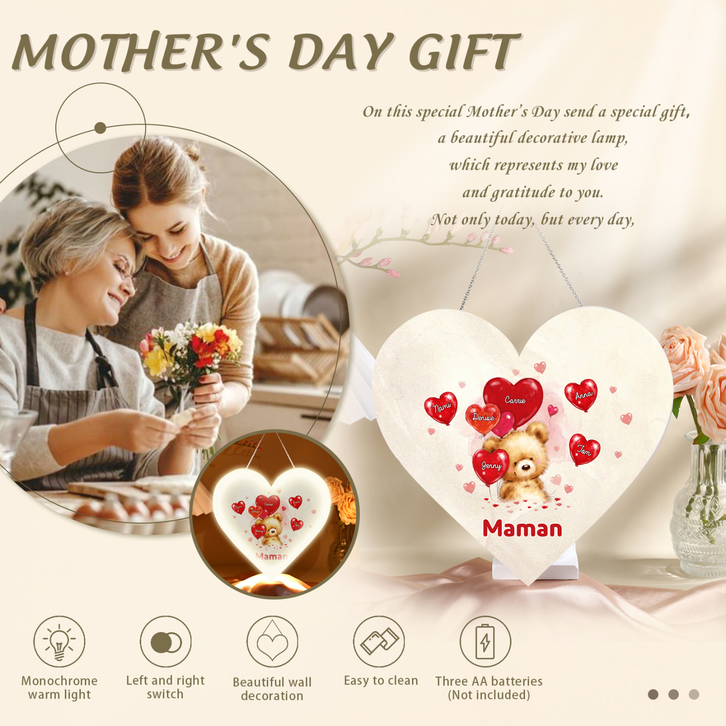 À Maman/Mamie - Veilleuse Cœur Décoration Ours 6 Prénoms Personnalisés avec 1 Texte