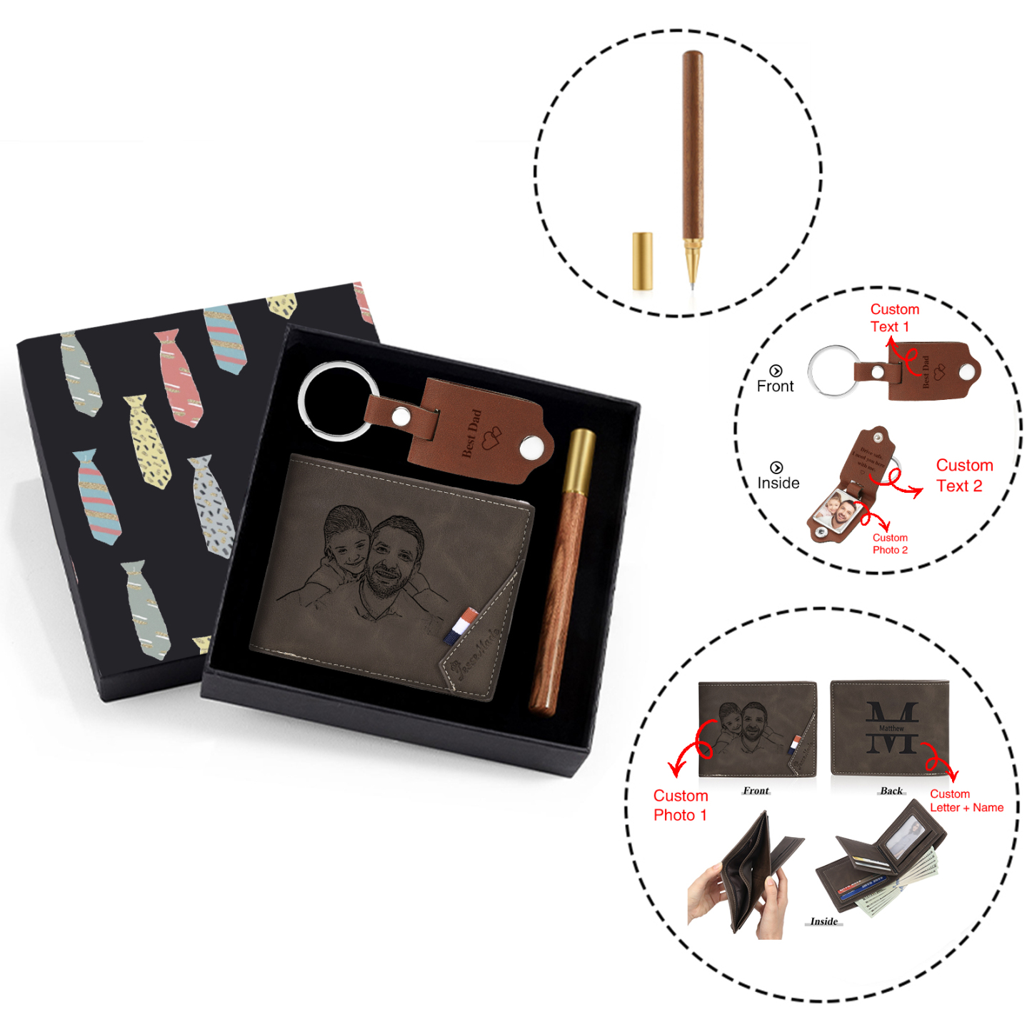 Coffret Cadeau 3PCS - Portefeuille classique Porte-Clés et Stylo 2 Photo et Textes Personnalisés avec 1 Prénom et Lettre Coffret Cadeau pour Homme