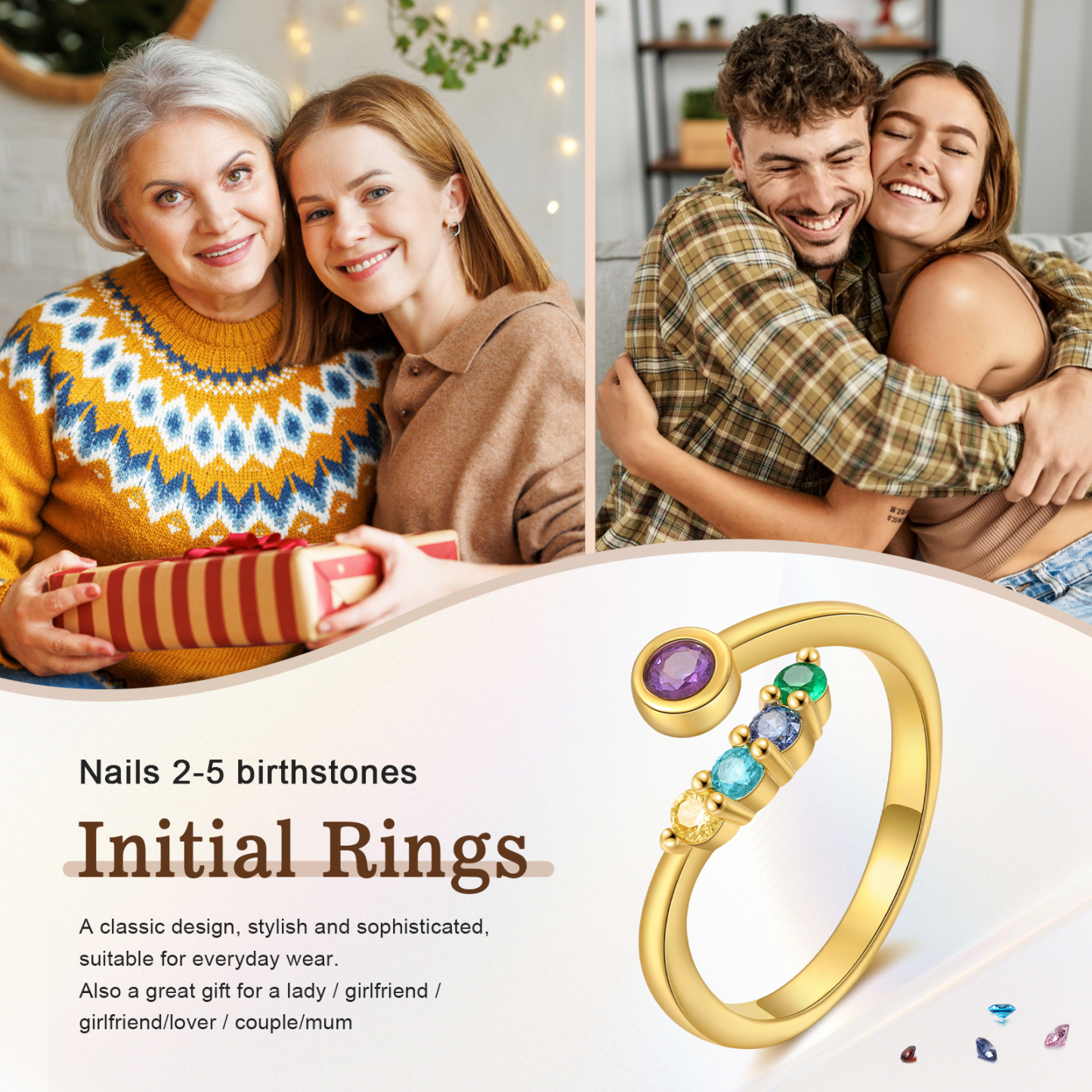 Bague Ouverte 5 Pierres de naissance Personnalisées pour Femmes