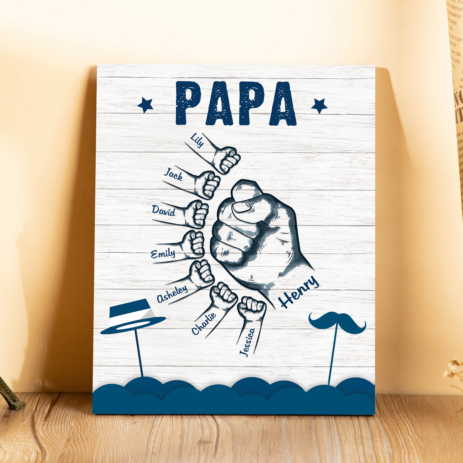 À Mon Papa/Papi-Cadre en Bois Poings 8 Prénoms Personnalisés avec Texte