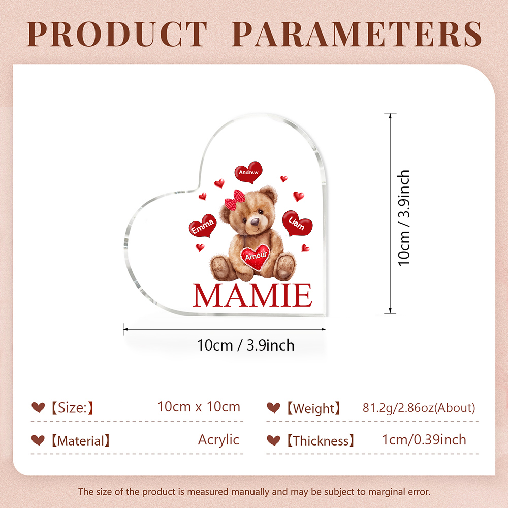 À ma Maman/Mamie - Plaque Acrylique Ours en Forme de Cœur 3 Prénoms Personnalisés avec 1 Texte