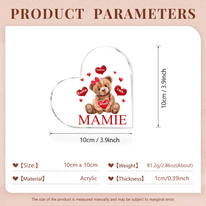 À ma Maman/Mamie - Plaque Acrylique Ours en Forme de Cœur 3 Prénoms Personnalisés avec 1 Texte