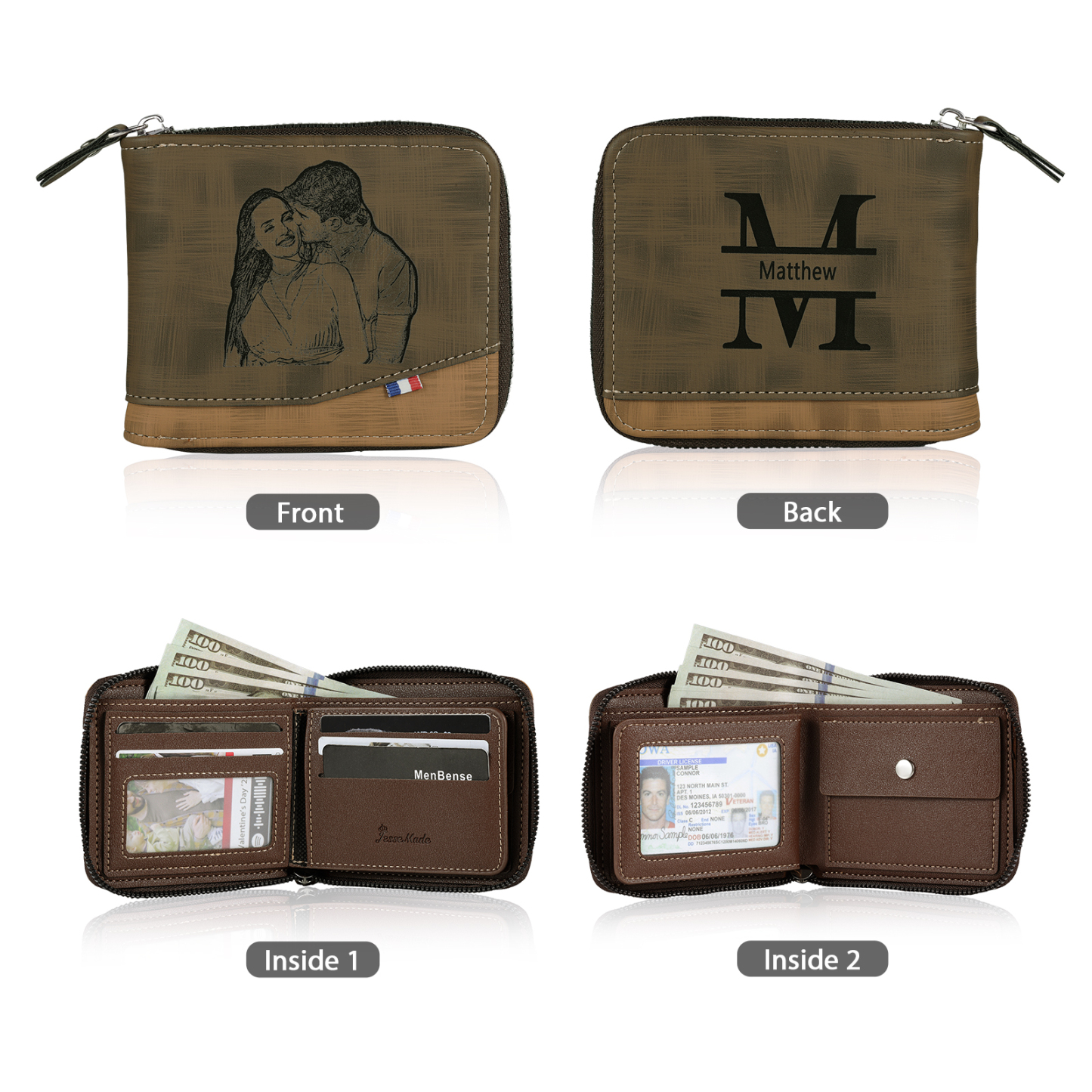 Portefeuille Classique 1 Prénom et Lettre Personnalisés avec Photo Porte-Monnaie Carte cadeau anniversaire homme | Jessemade
