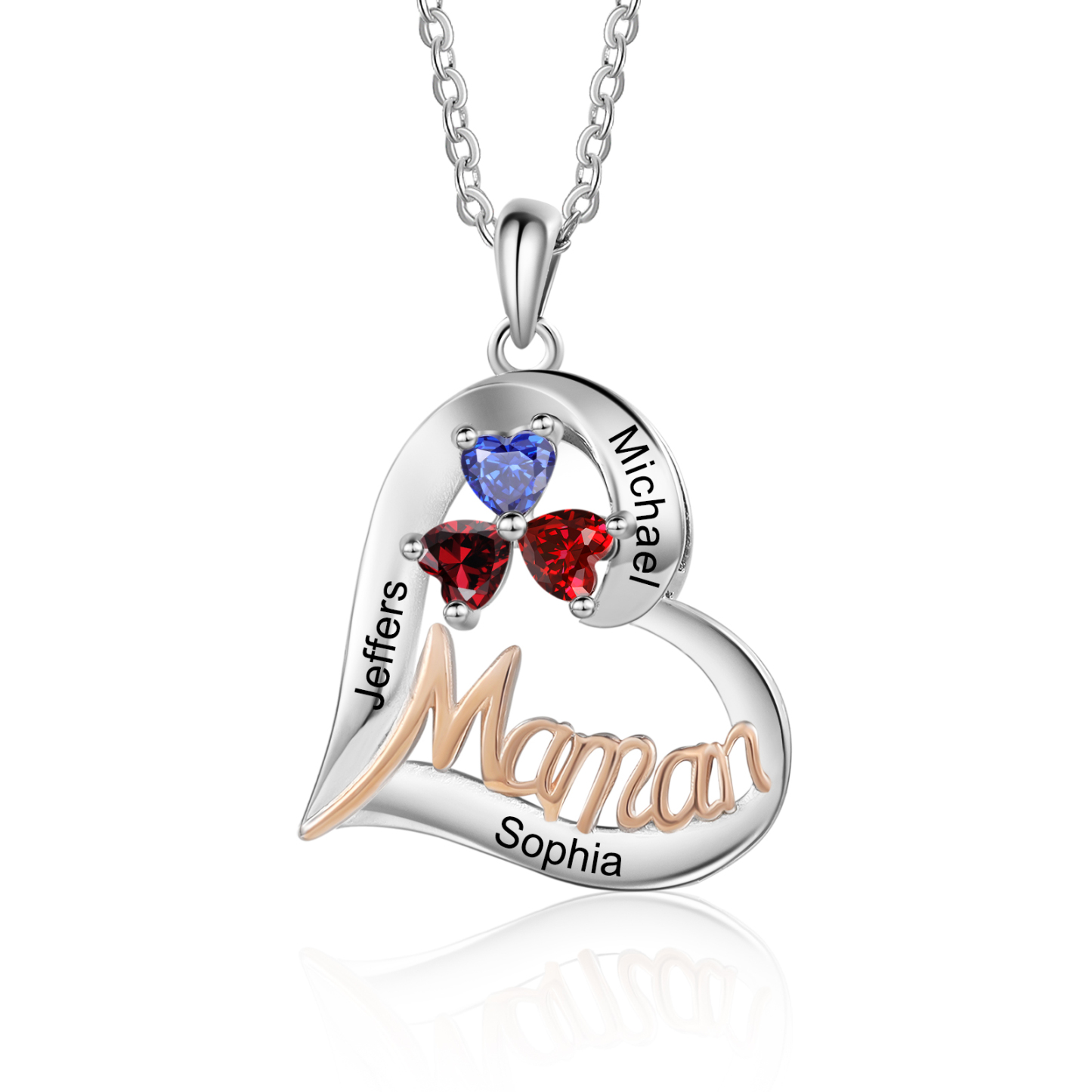 3PCS Coffret Cadeau - Portefeuille, Collier Coeur et Carte Personnalisés avec 3 Prénoms et Dessins Enfant et Pierres de Naissance | Jessemade