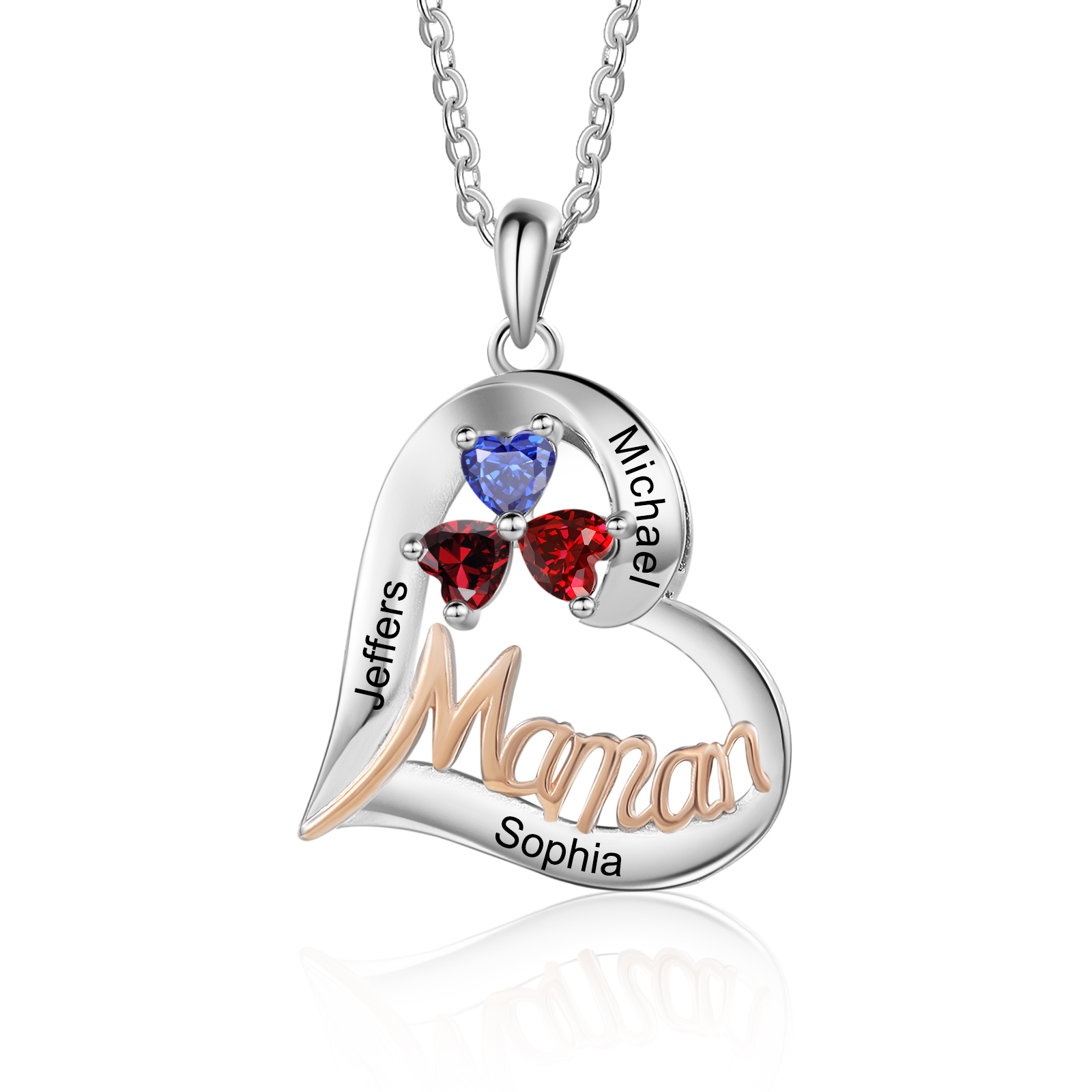 3PCS Coffret Cadeau - Portefeuille, Collier Coeur et Carte Personnalisés avec 3 Prénoms et Dessins Enfant et Pierres de Naissance | Jessemade