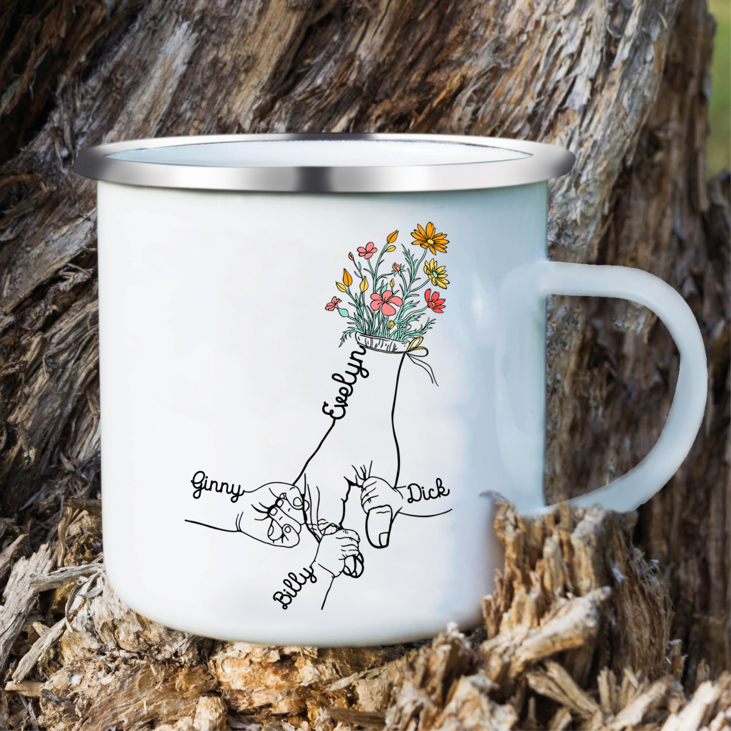 À Maman/Mamie - Tasse émaillée la Main dans la Main 4 Prénoms Personnalisés