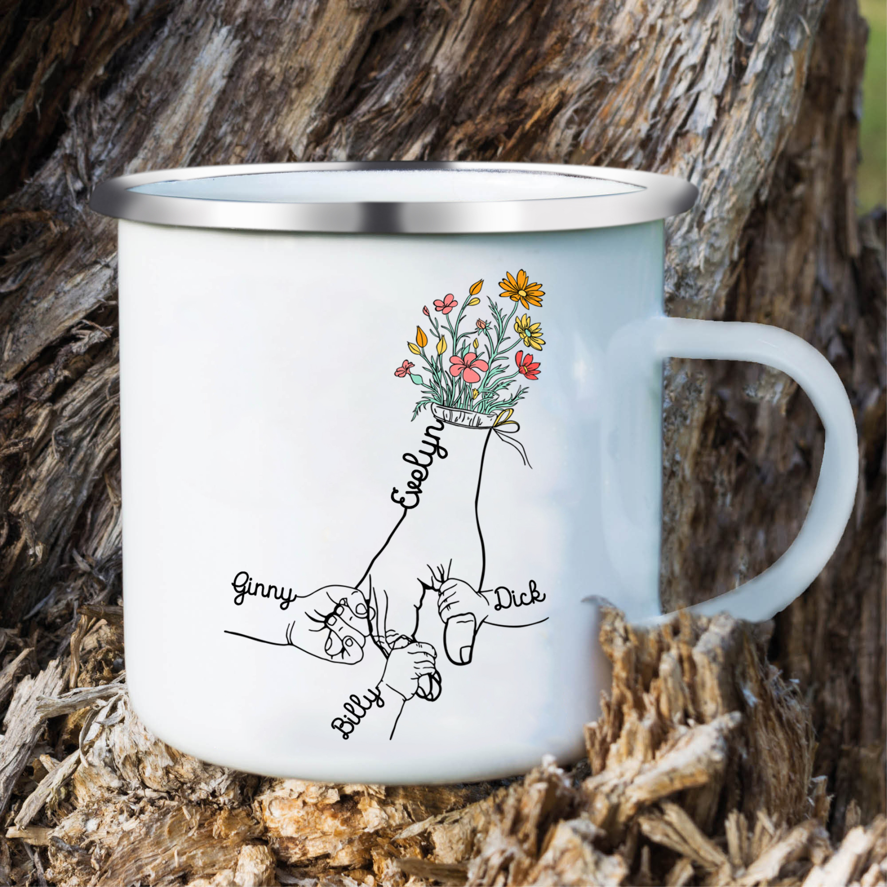 À Maman/Mamie - Tasse émaillée la Main dans la Main 4 Prénoms Personnalisés
