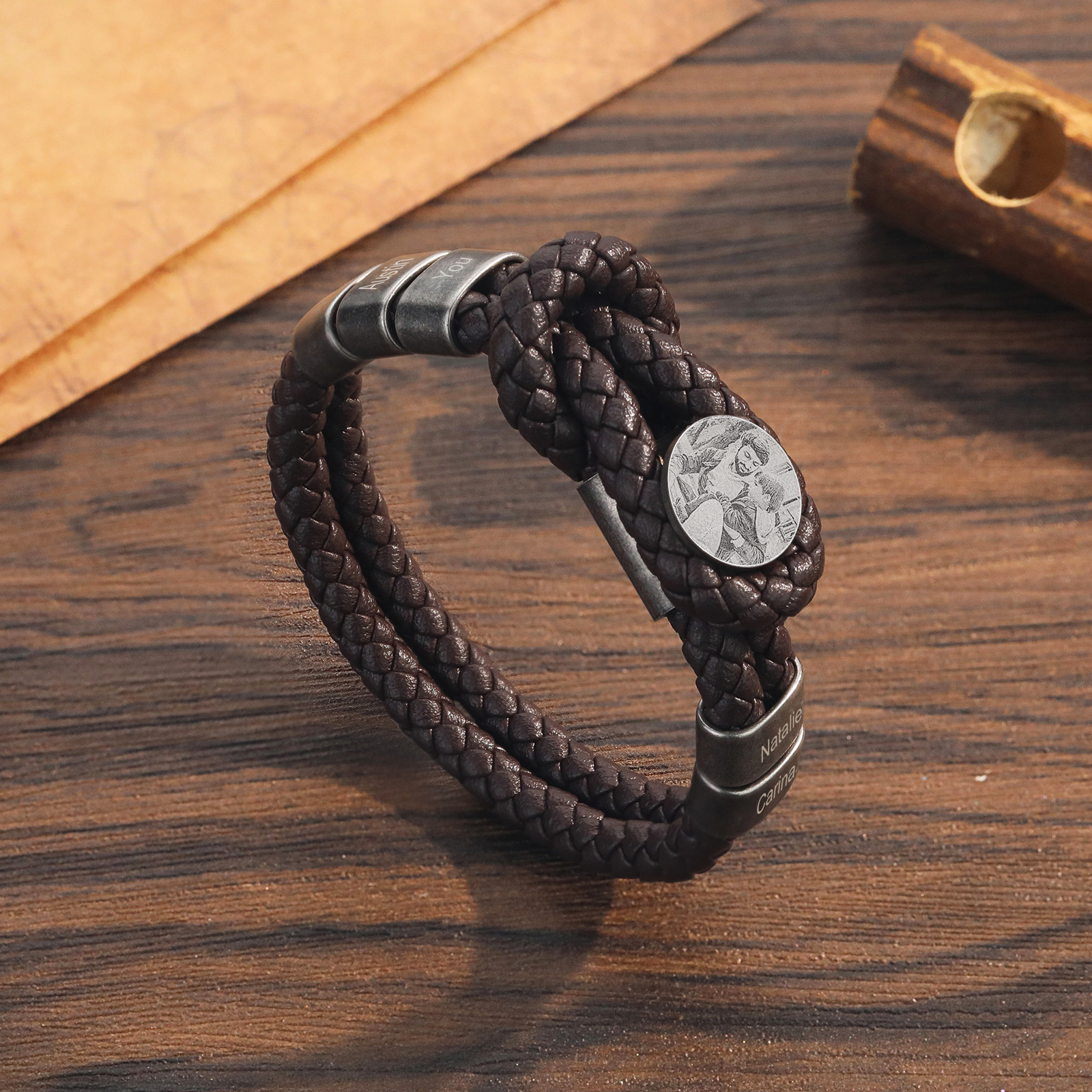 Bracelet Cuir Pour Hommes 5 Prénoms Personnalisés avec 1 Photo | Jessemade