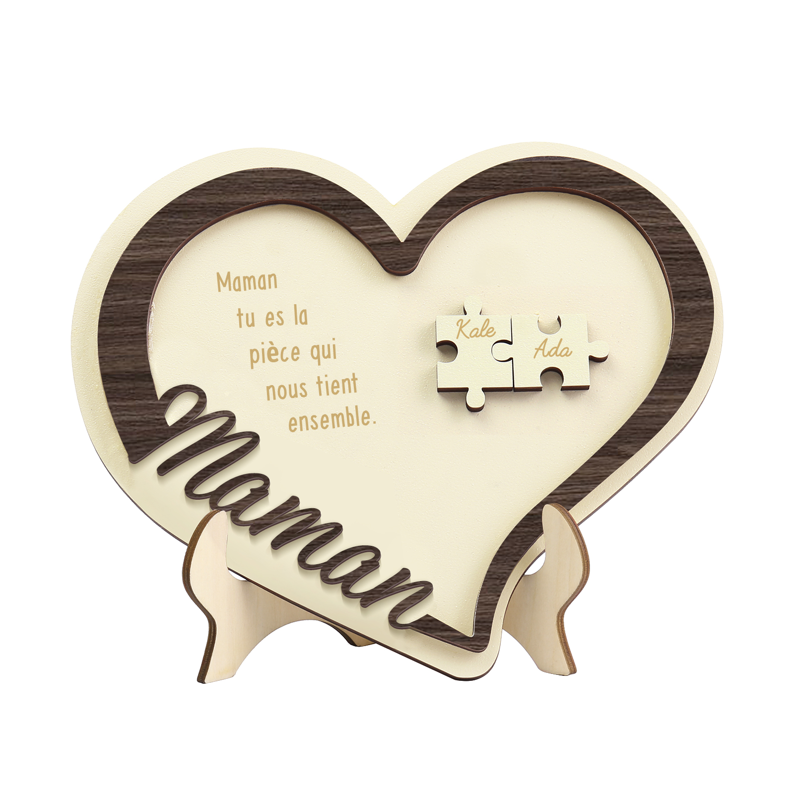 À ma Maman - Décoration en bois Cœur Puzzle 2 Prénoms Personnalisés Ornement pour Famille
