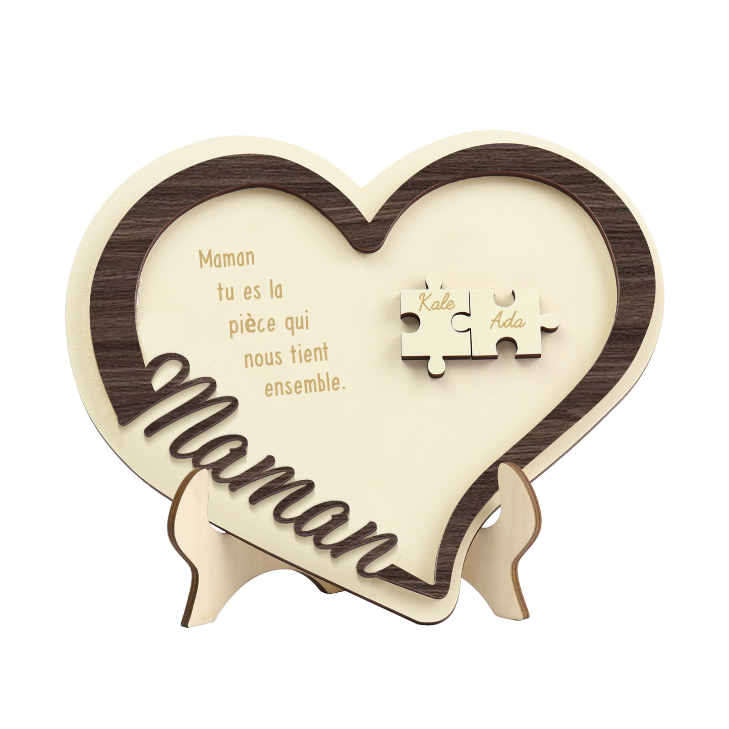 À ma Maman - Décoration en bois Cœur Puzzle 2 Prénoms Personnalisés Ornement pour Famille