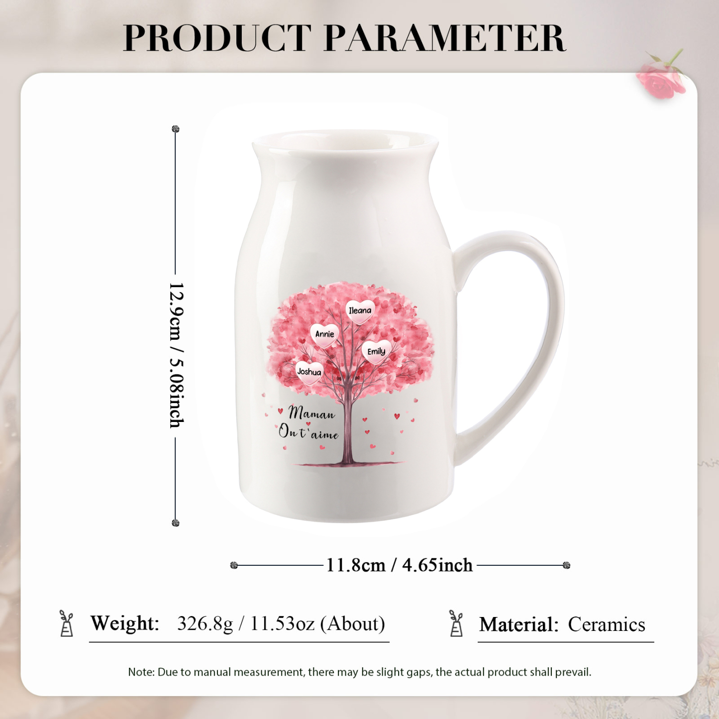 Vase à Fleurs Arbre 4 Prénoms Personnalisés avec Texte Décoration de la Maison