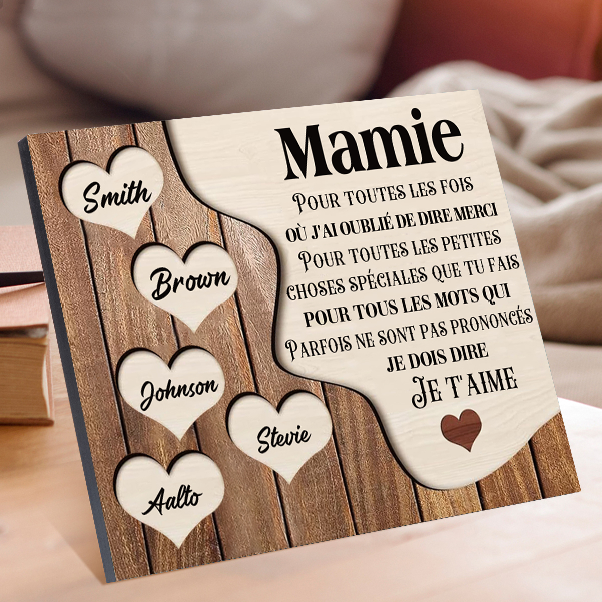 À ma Maman/Mamie - Cadre en Bois 5 Prénoms Personnalisés avec Texte Cadeau pour Famille