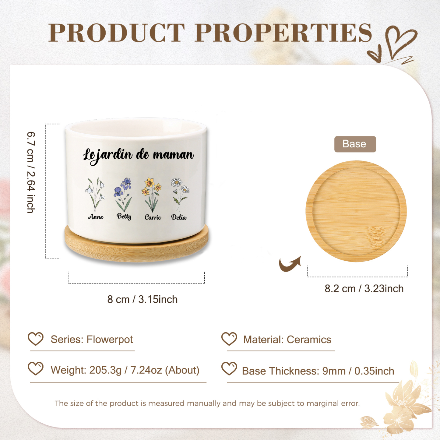 Vase/Pot de Fleurs 4 Prénoms et 1 Texte Personnalisés avec Fleur de Naissance Décoration de la Maison (sans plantes)
