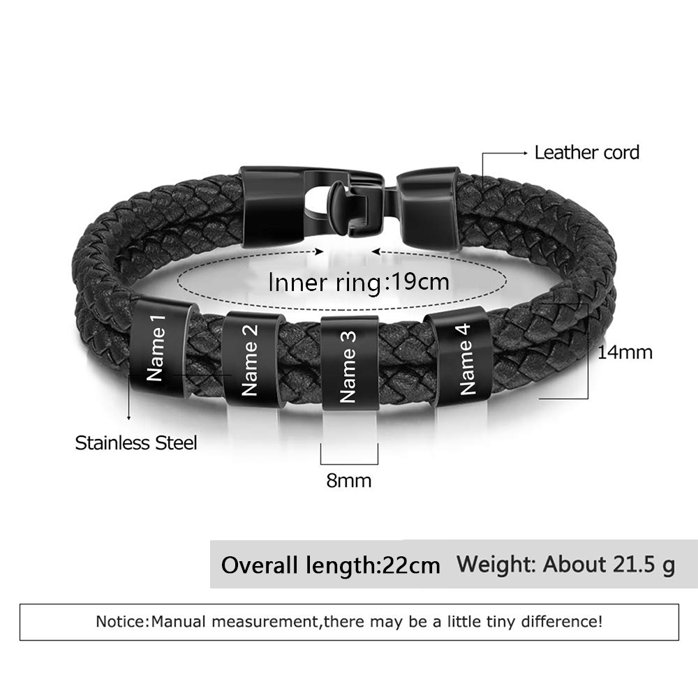 À mon Papa - Bracelet Personnalisé Homme Bracelet Cuir tressé 4 Perles et Prénoms Personnalisés|Jessemade
