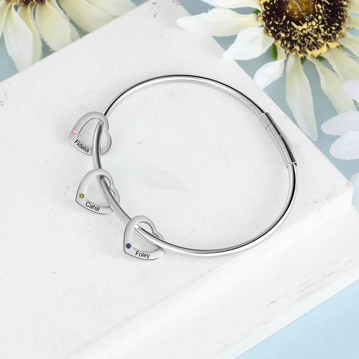 Bracelet Jonc 3 Prénoms Personnalisés avec 3 Pierres de Naissance | Jessemade
