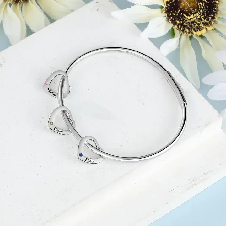 Bracelet Jonc 3 Prénoms Personnalisés avec 3 Pierres de Naissance | Jessemade