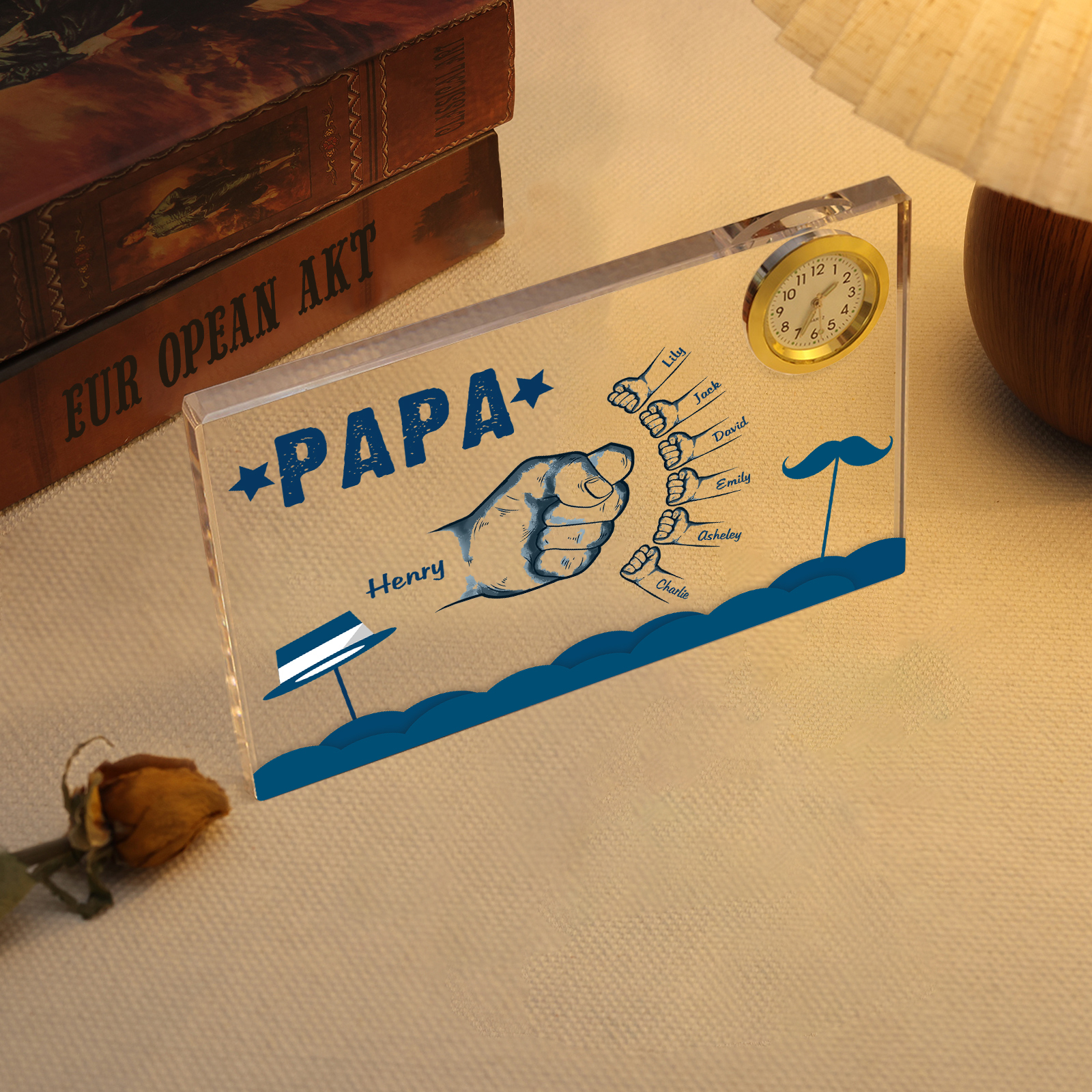 À Papa/Papi - Plaque Acrylique Poings Rectangle avec Horloge 7 Prénoms et 1 Texte Personnalisés