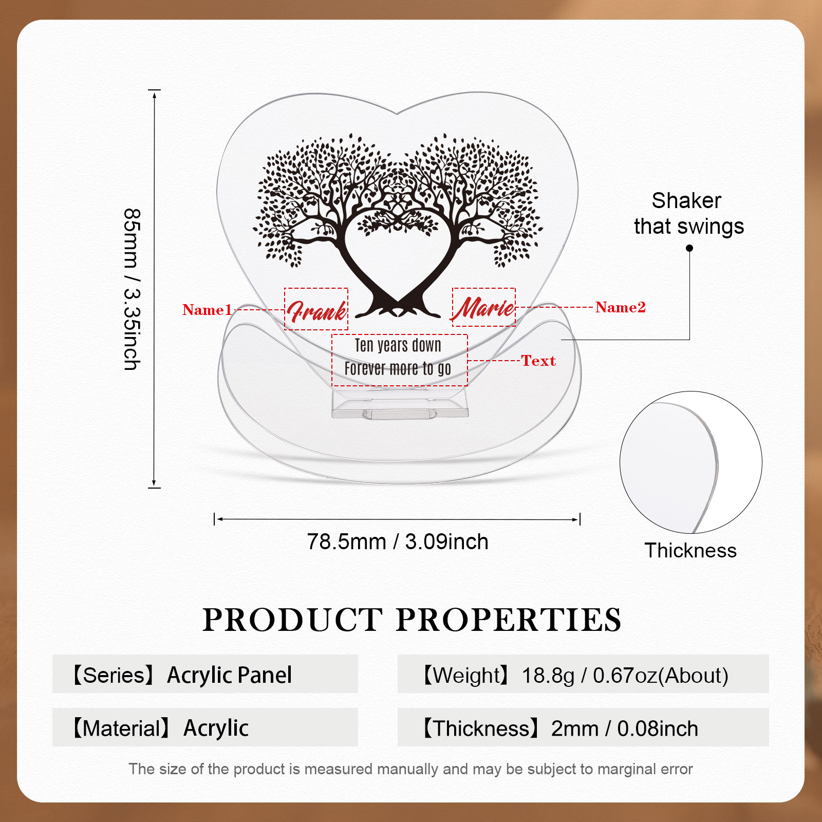 Ornements Panneau Acrylique 2 Prénoms et 1 Texte Personnalisés pour Couple