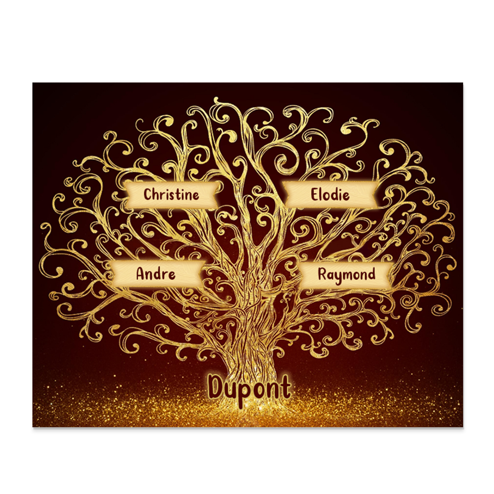 Cadre en Bois Arbre 4 Prénoms Personnalisés avec Texte Cadeau pour Famille
