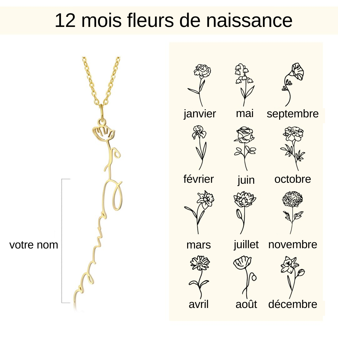 Collier prénom personnalisé 12 fleurs de naissance