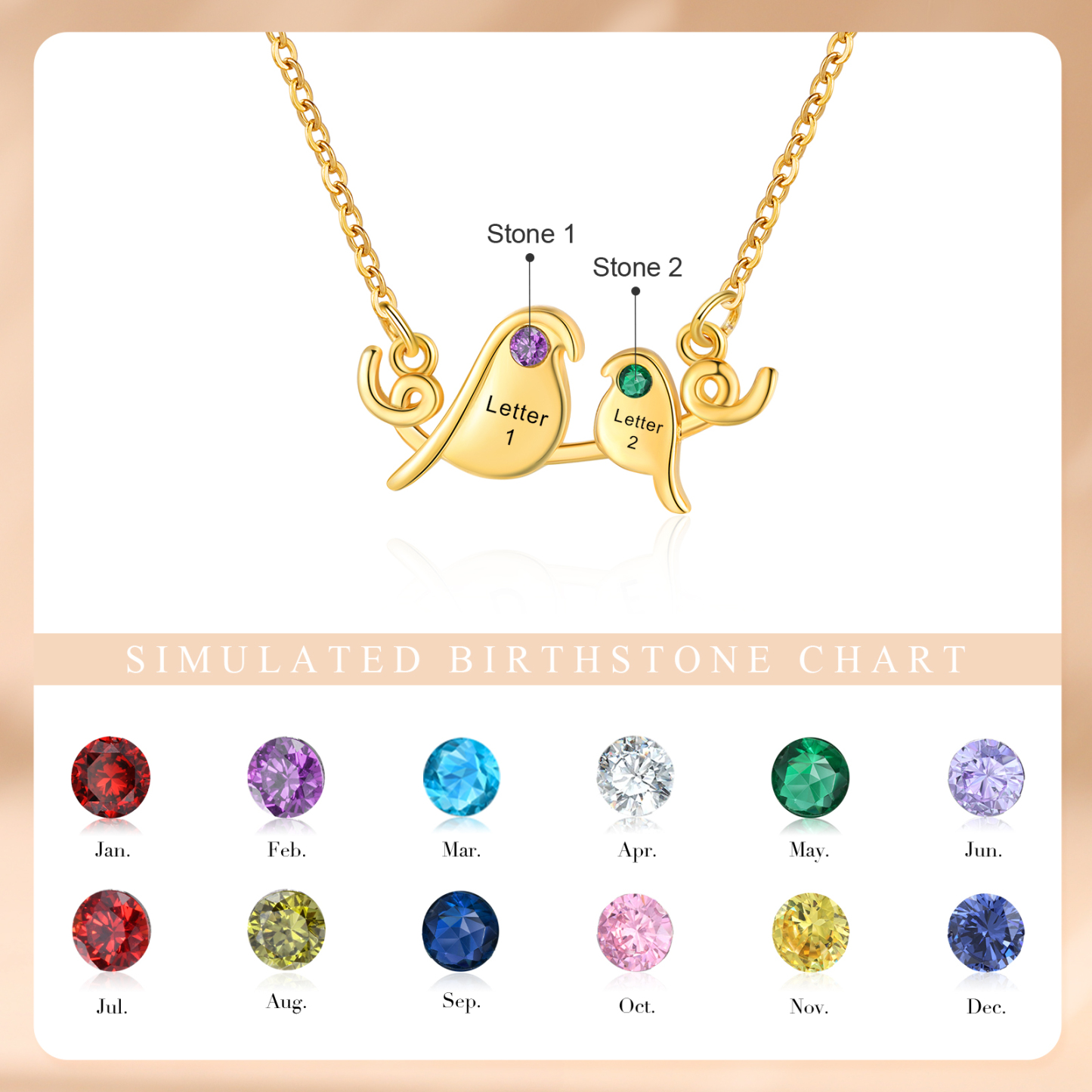 Collier Petit Oiseau 2 Lettres et Pierres de Naissance Personnalisés Collier Femmes