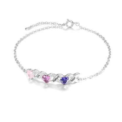 Bracelet à Breloque 3 Prénoms Personnalisé avec 3 Pierres de Naissance