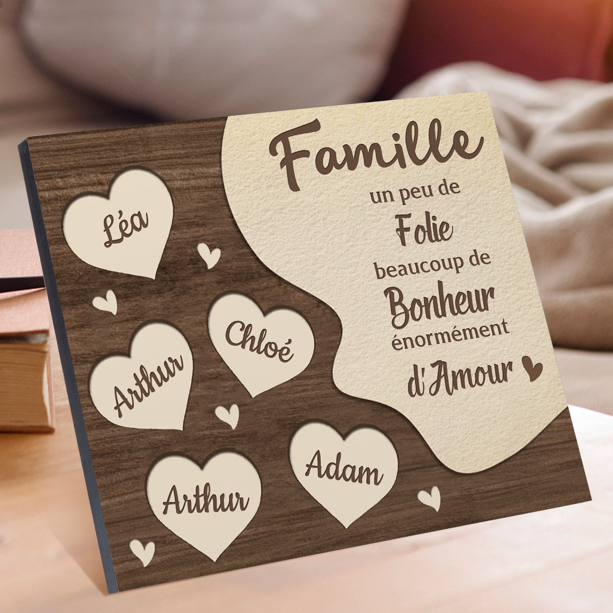 Cadre en Bois Cœur 5 Prénoms Personnalisés pour Famille