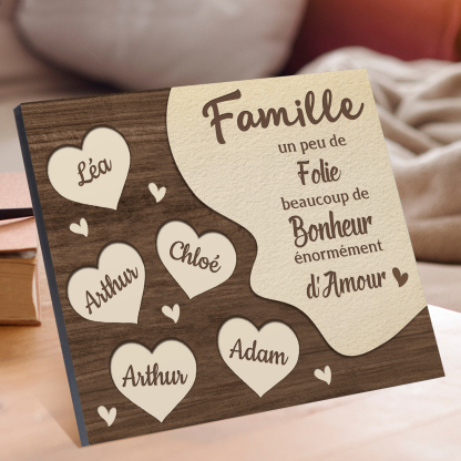 Cadre en Bois Cœur 5 Prénoms Personnalisés pour Famille