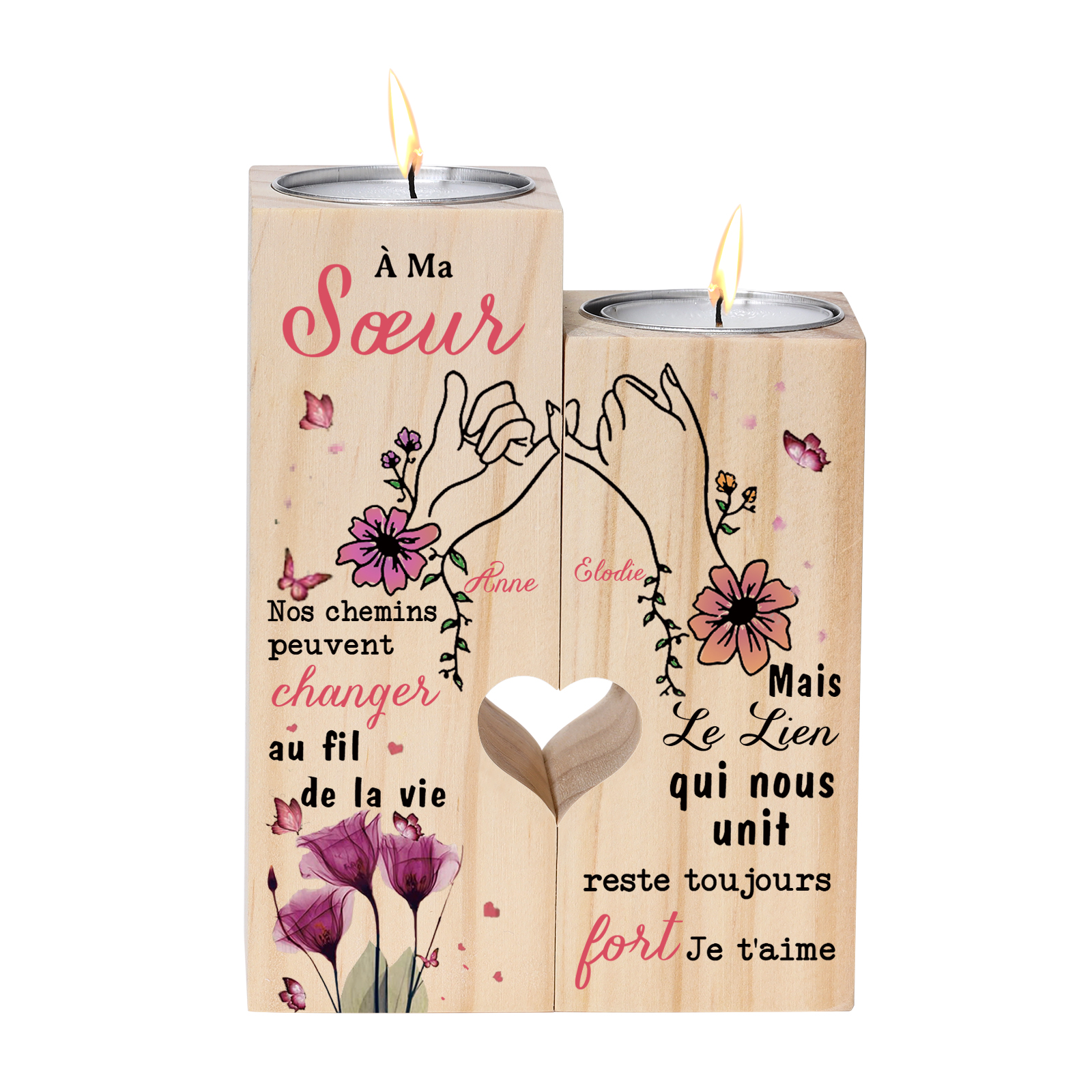 À Ma Sœur - Bougeoir en Bois 2 Prénoms Personnalisés sans bougie