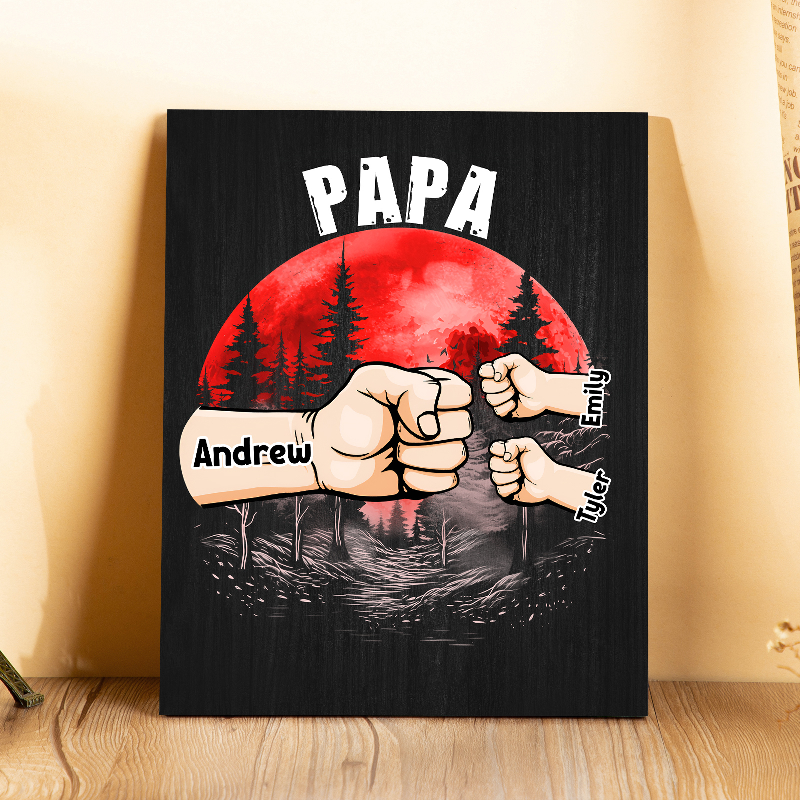 À Mon Papa/Papi-Cadre en Bois Poings 3 Prénoms Personnalisés avec Texte