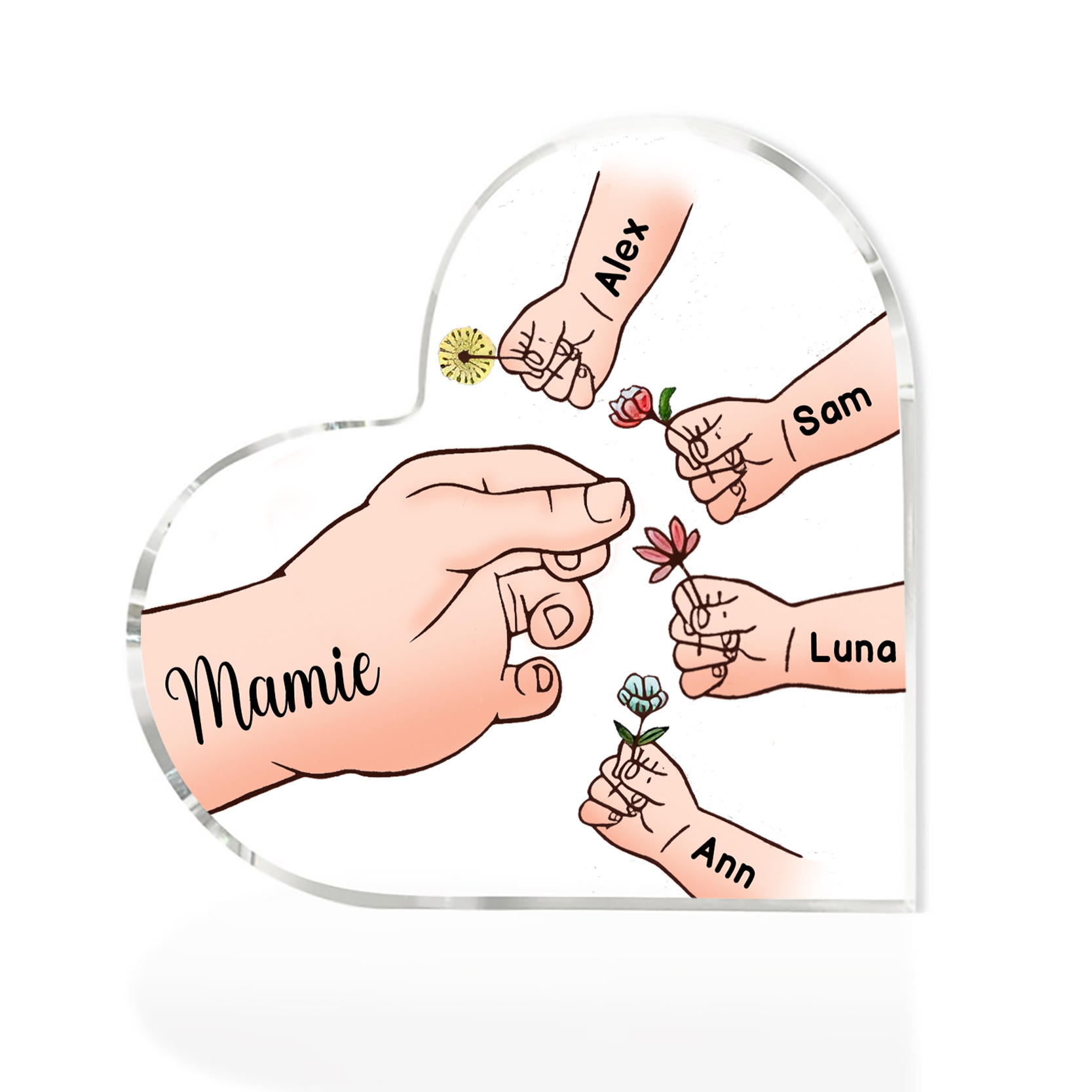 À ma Maman/Mamie - Plaque Acrylique Mains et Enfants en Forme de Cœur 5 Prénoms Personnalisés