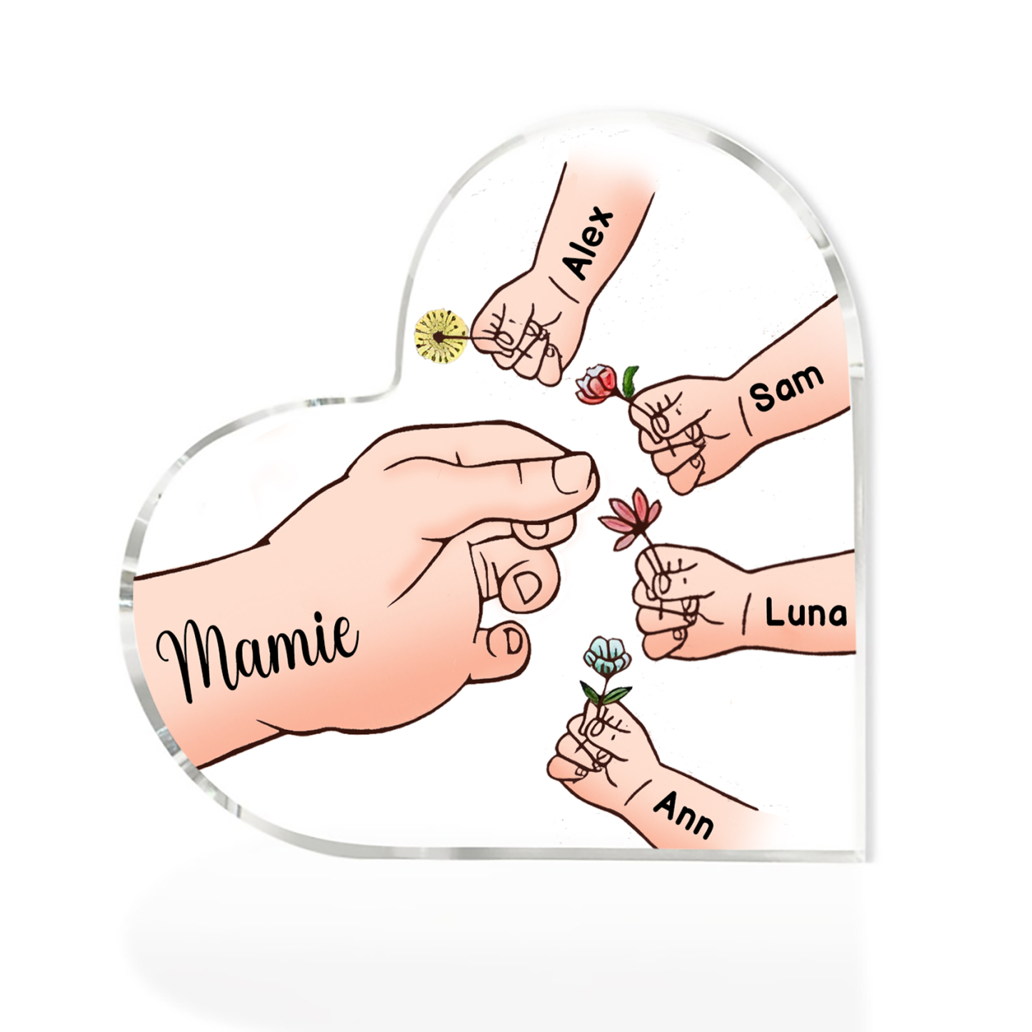 À ma Maman/Mamie - Plaque Acrylique Mains et Enfants en Forme de Cœur 5 Prénoms Personnalisés