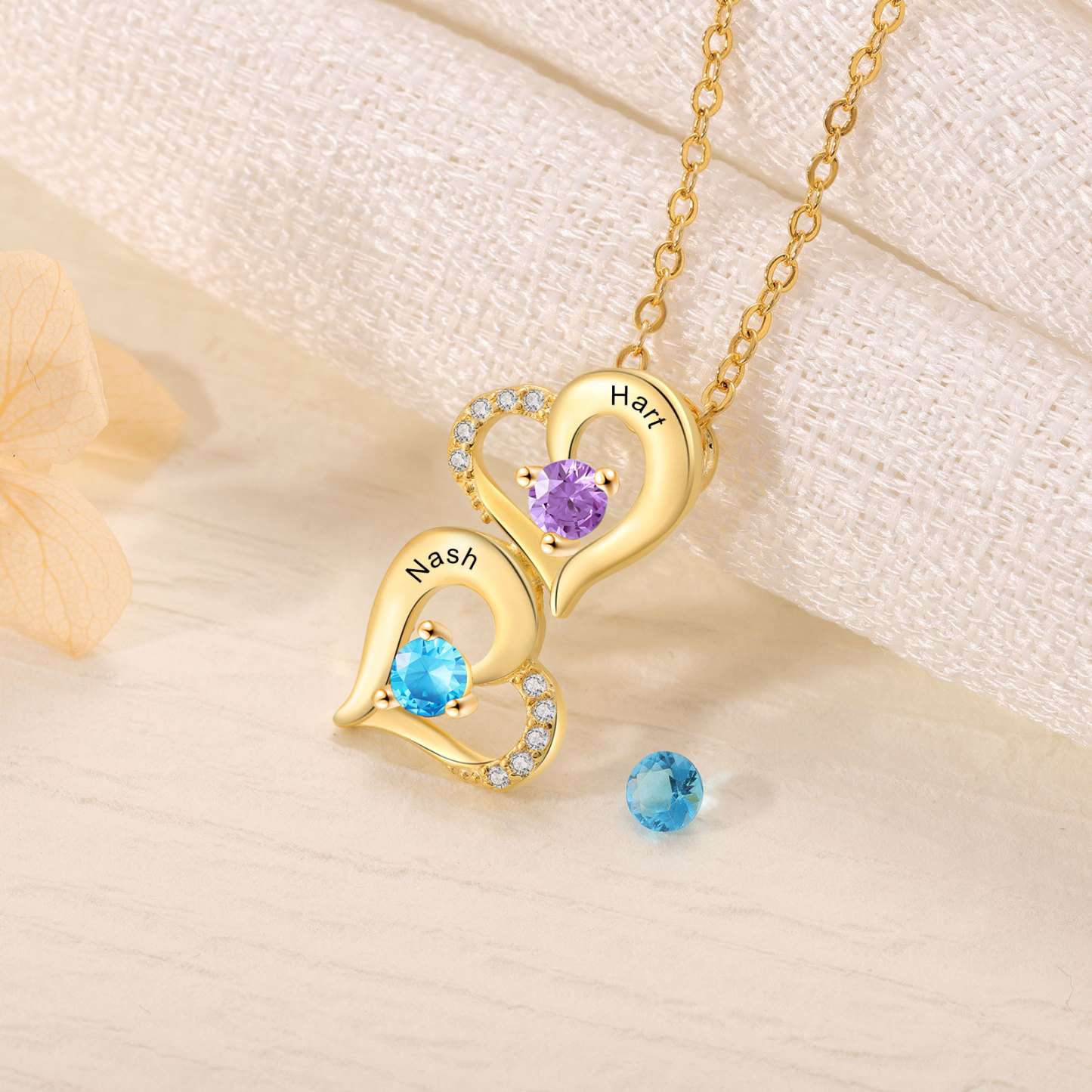 Collier Coeur 2 Prénoms Personnalisés avec Pierre de naissance Or/Or Rose pour Femmes|Jessemade