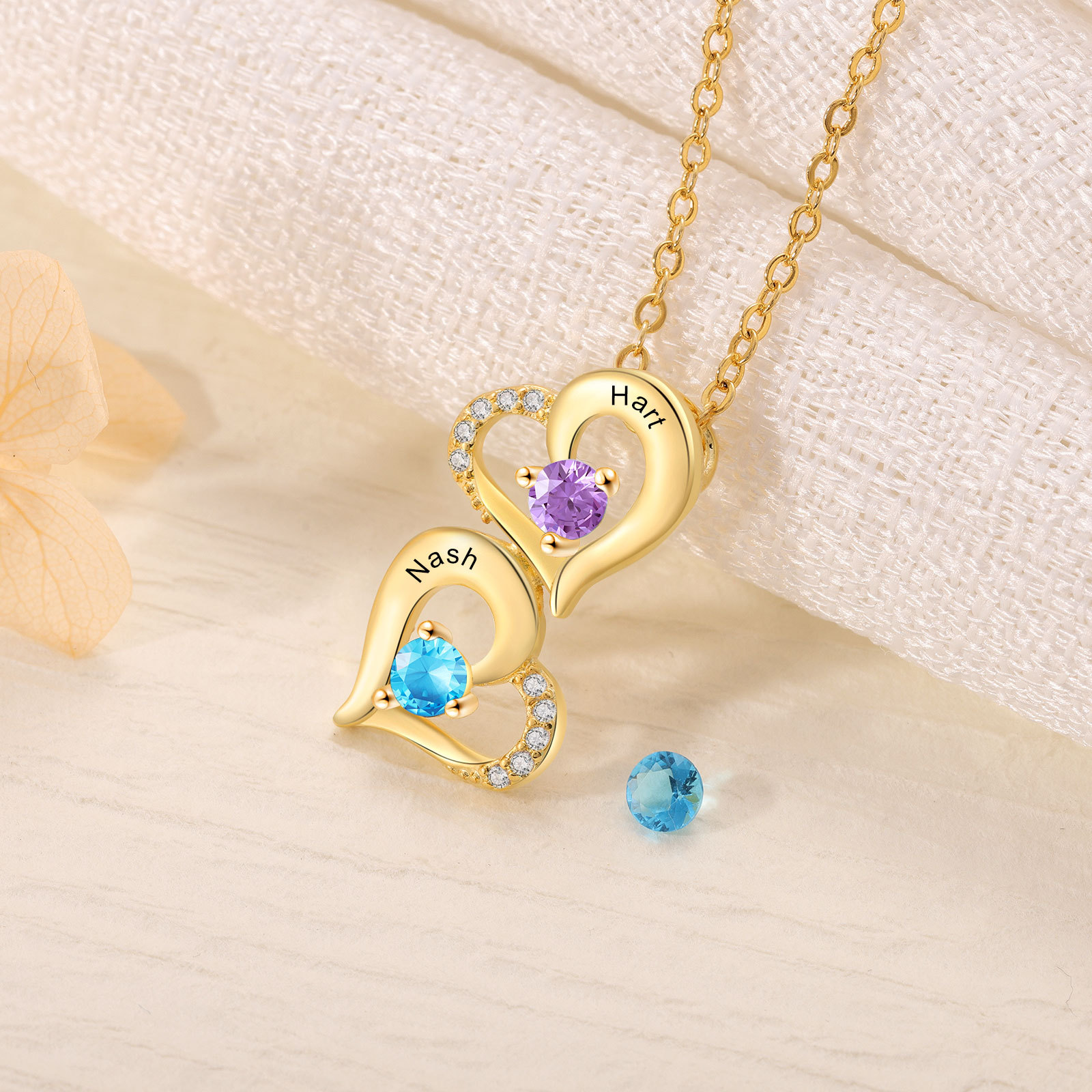 Collier Coeur 2 Prénoms Personnalisés avec Pierre de naissance Or/Or Rose pour Femmes|Jessemade