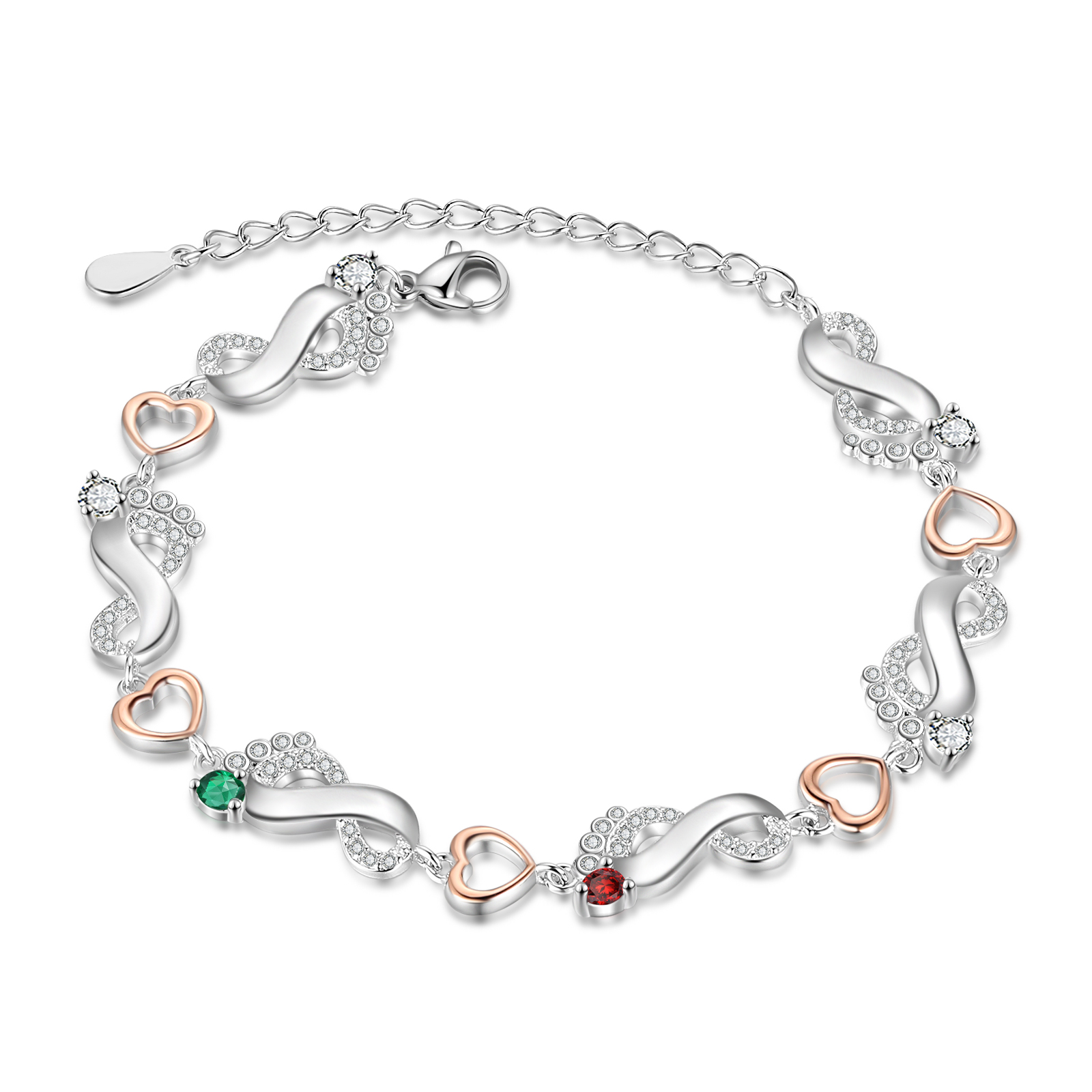 Bracelet pied bebe et Cœur 2 Prénom Personnalisé avec 2 pierre de naissance