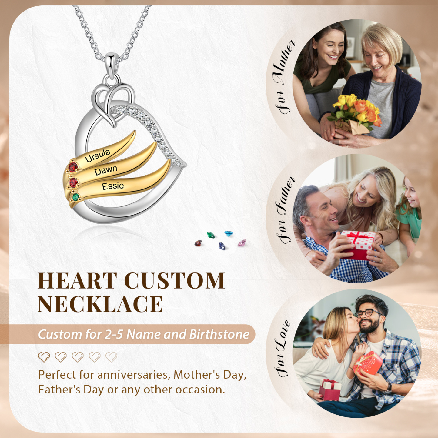 Collier Pendentif Cœur et Ailes Collier Personnalisé avec 3 Prénoms et Pierres de naissance pour Femme|Jessemade
