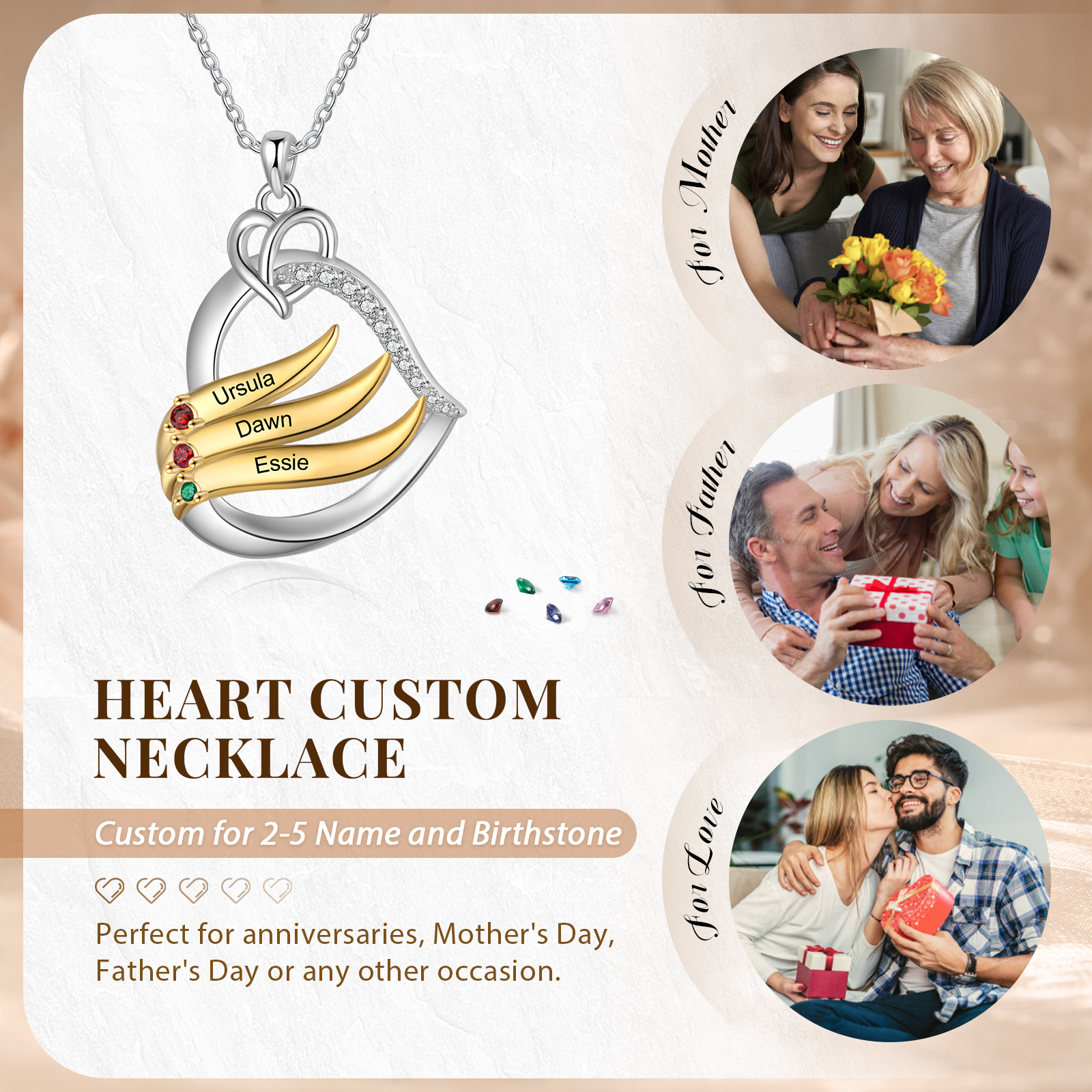 Collier Pendentif Cœur et Ailes Collier Personnalisé avec 3 Prénoms et Pierres de naissance pour Femme|Jessemade