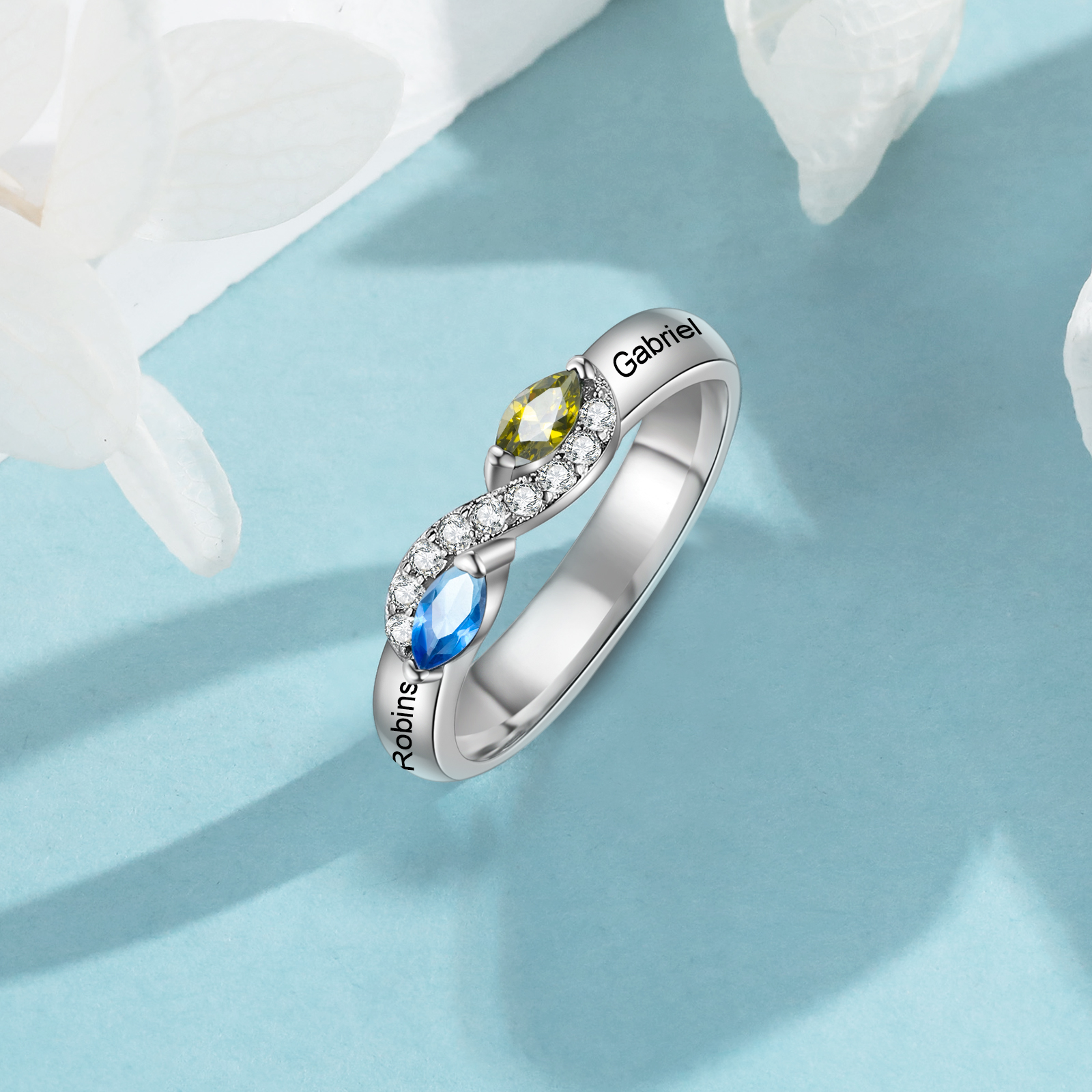Bague Infini Personnalisée avec 2 Prénoms Pierres de Naissance