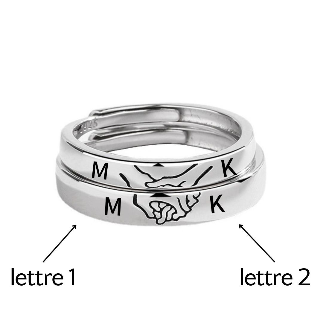 Bague en Argent 925 La Main Dans La Main Réglable Couple 2PCS 2 Lettres Personnalisée Alliance｜Jessemade