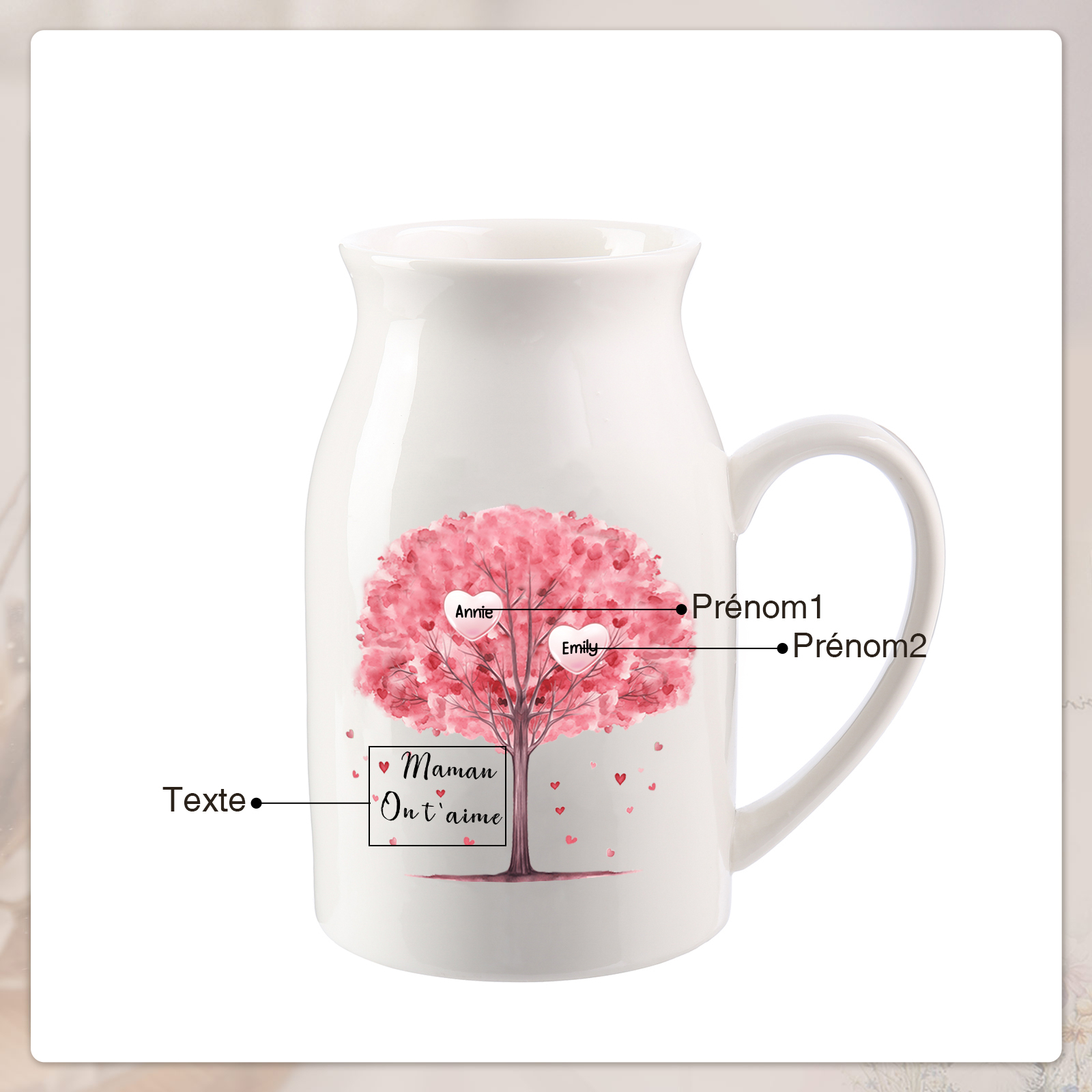 Vase à Fleurs Arbre 2 Prénoms Personnalisés avec Texte Décoration de la Maison