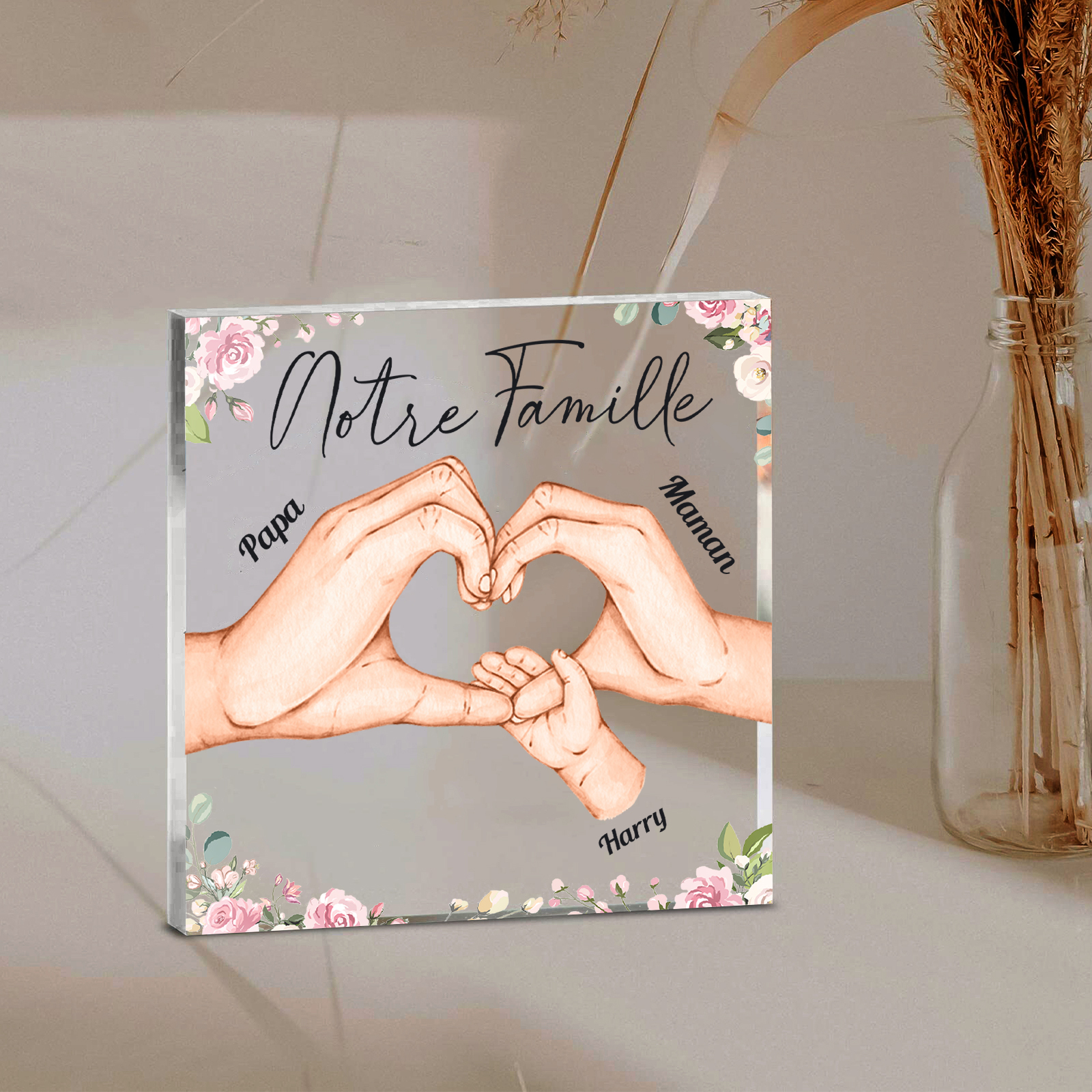 À ma Famille - Plaque Acrylique Carrée la Main dans la Main 3 Prénoms Personnalisés avec Texte
